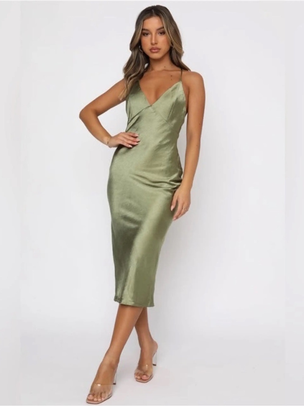 NWT White Fox Boutique Olive Green Satin Slip Midi Dress